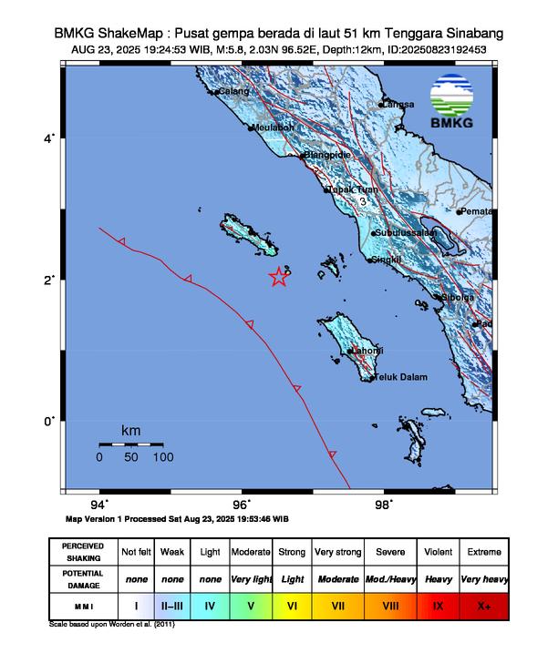 Gempa Magnitudo 5.8, 51km dari Tenggara Sinabang