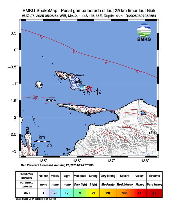 Gempa Magnitudo 4.2, 29km dari timur laut Biak