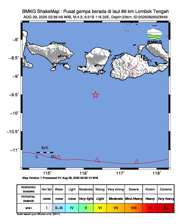 Gempa Magnitudo 4.2, 89km dari Lombok Tengah