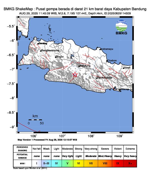 Gempa Magnitudo 2.6, 21km dari Barat Daya Kabupaten Bandung