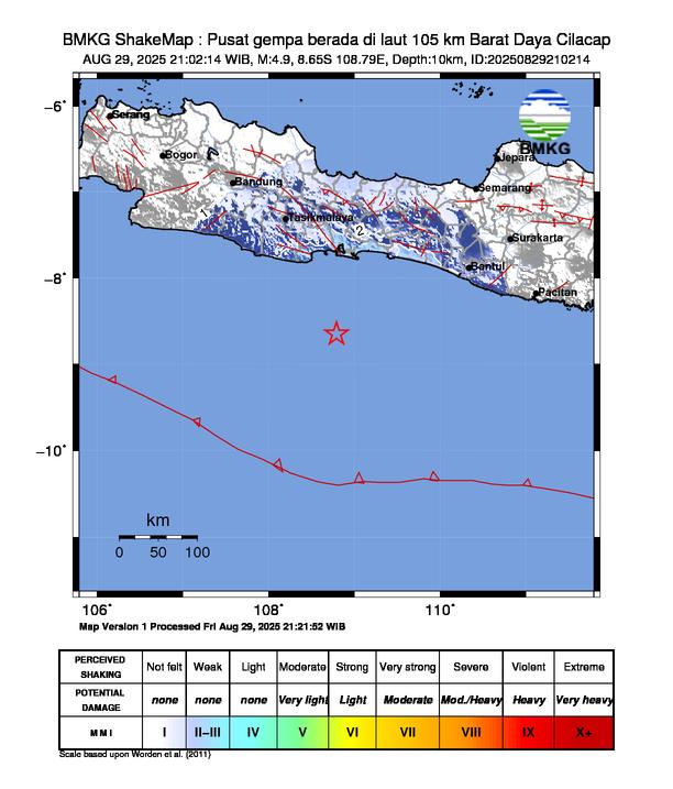 Gempa Magnitudo 4.9, 105km dari Barat Daya Cilacap