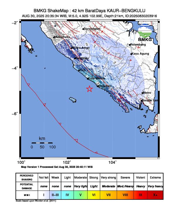 Gempa Magnitudo 5.0, 42km dari Barat Daya Kaur, Bengkulu