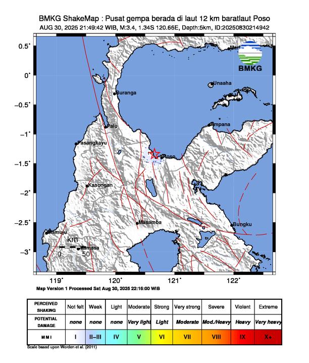Gempa Magnitudo 3.4, 12km dari Barat Laut Poso
