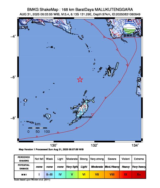 Gempa Magnitudo 5.4, 168km dari Barat Daya Maluku Tenggara