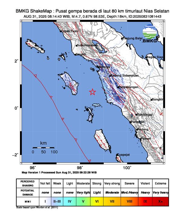 Gempa Magnitudo 4.7, 80km dari Timur Laut Nias Selatan