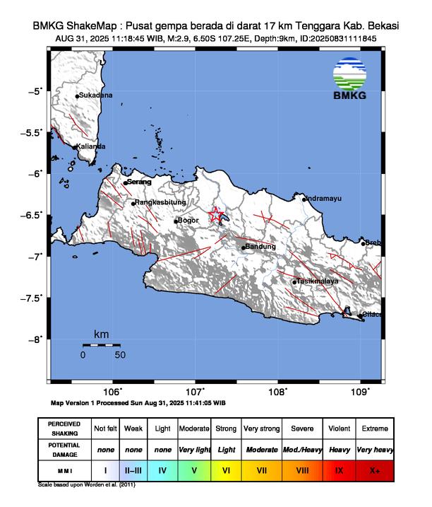 Gempa Magnitudo 2.9, 17km dari Tenggara Kab. Bekasi