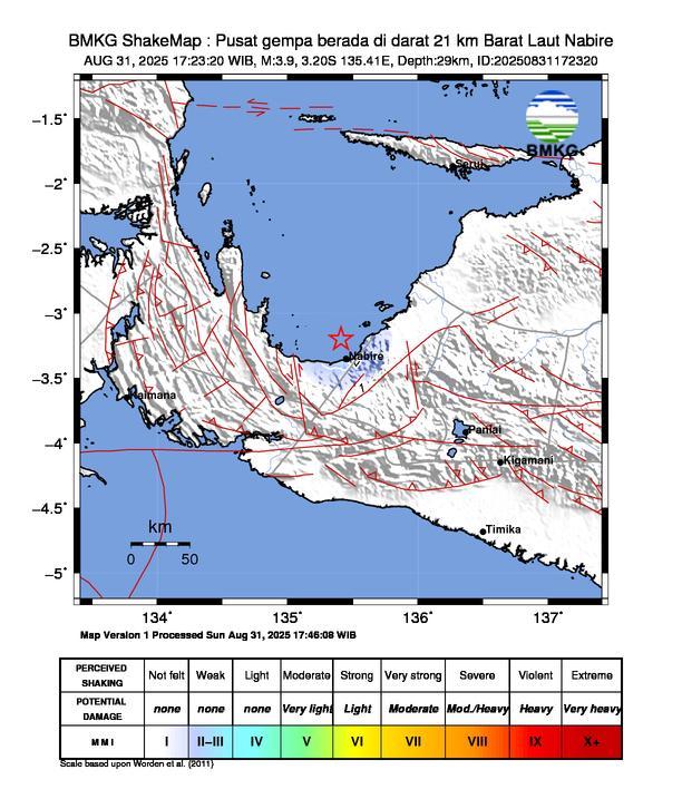 Gempa Magnitudo 3.9, 21km dari Barat Laut Nabire