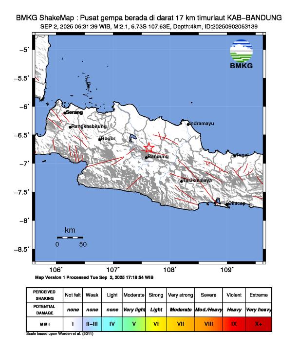 Gempa Magnitudo 2.1, 17km dari Timur Laut Kab. Bandung