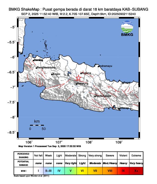 Gempa Magnitudo 2.2, 18km dari Barat Daya Kabupaten Subang