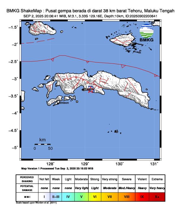 Gempa Magnitudo 3.1, 38km dari dari Tehoru, Maluku Tengah