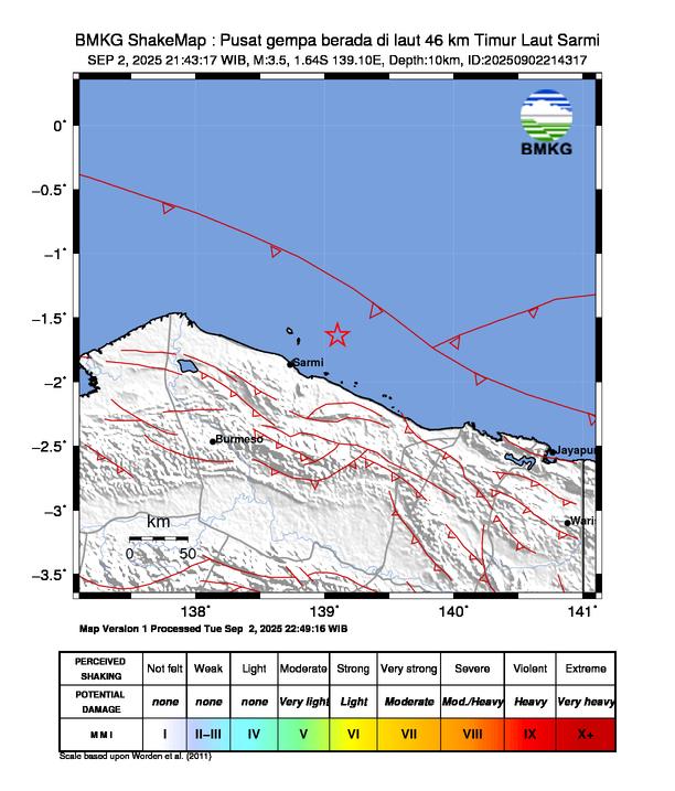 Gempa Magnitudo 3.5, 46km dari Timur Laut Sarmi