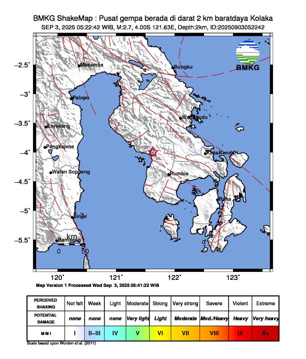 Gempa Magnitudo 2.7, 2km dari Barat Daya Kolaka