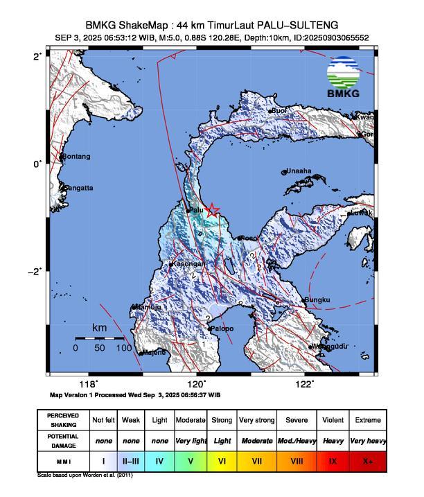 Gempa Magnitudo 5.0, 44km dari Timur Laut Palu, Sulawesi Tengah