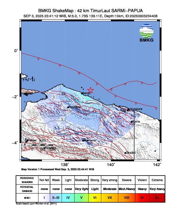 Gempa Magnitudo 5.0, 42km dari Timur Laut Sarmi Papua