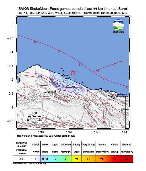 Gempa Magnitudo 4.4, 44km dari Timur Laut Sarmi
