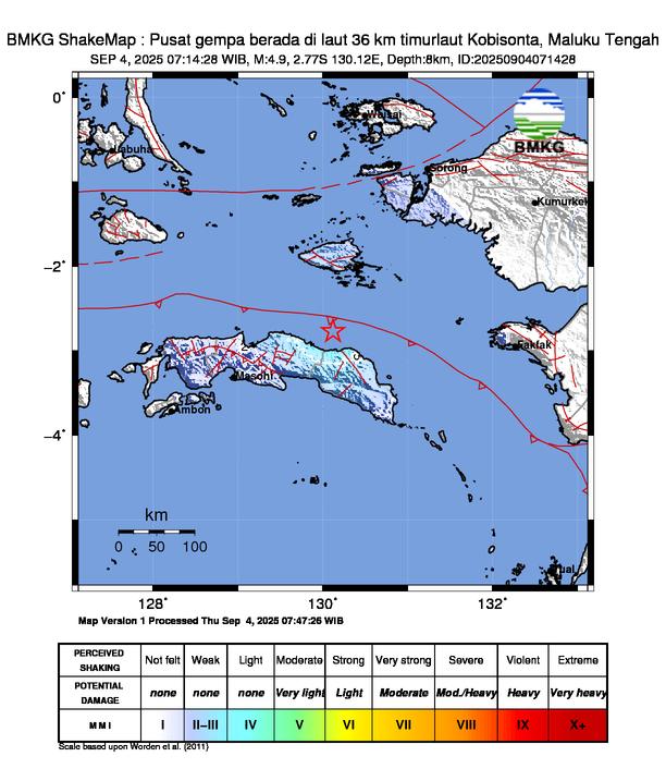 Gempa Magnitudo 4.9, 36km dari dari Kobisonta, Maluku Tengah