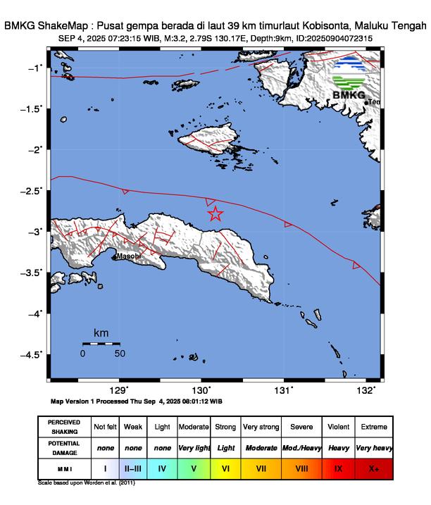 Gempa Magnitudo 3.2, 39km dari dari Kobisonta, Maluku Tengah
