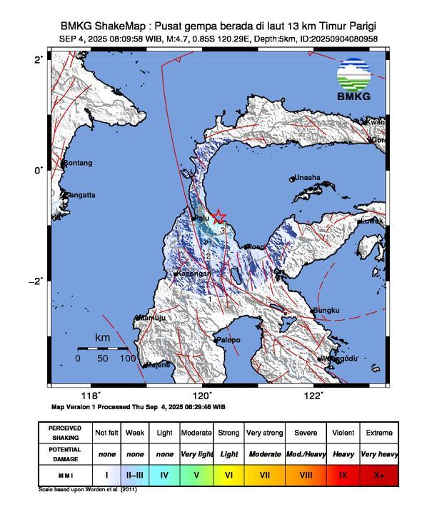 Gempa Magnitudo 4.7, 13km dari dari Parigi, Sulawesi Tengah