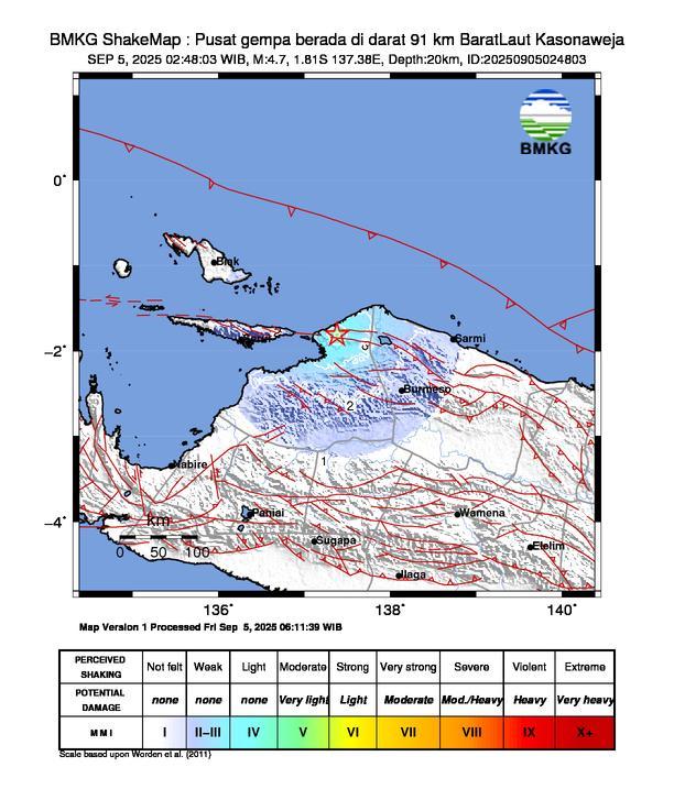 Gempa Magnitudo 4.7, 91km dari Barat Laut Kasonaweja
