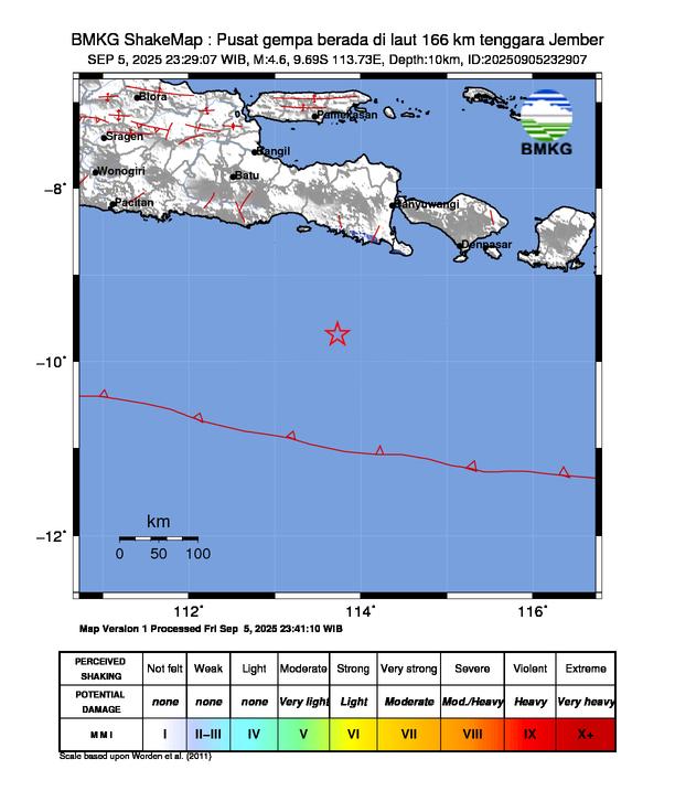 Gempa Magnitudo 4.6, 166km dari dari Jember