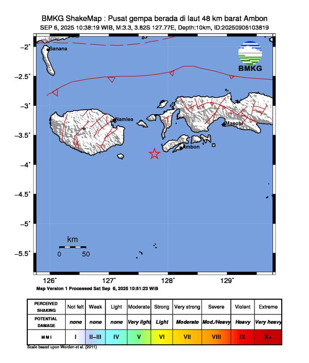 Gempa Magnitudo 3.3, 48km dari dari Ambon