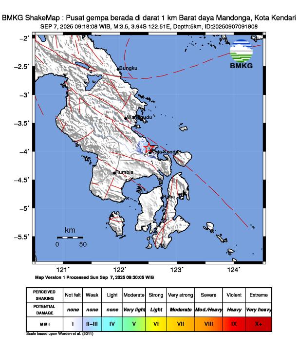 Gempa Magnitudo 3.5, 1km dari Barat daya Mandonga, Kota Kendari