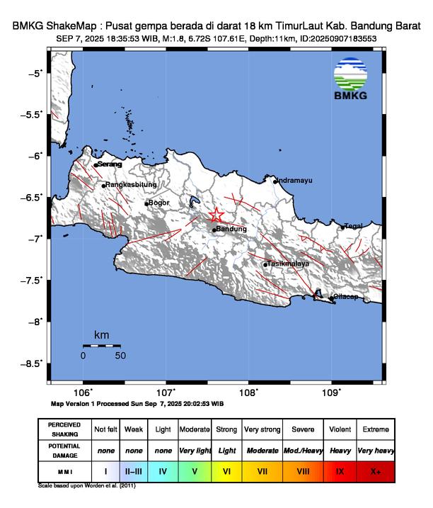 Gempa Magnitudo 1.8, 18km dari Timur Laut Kab. Bandung Barat