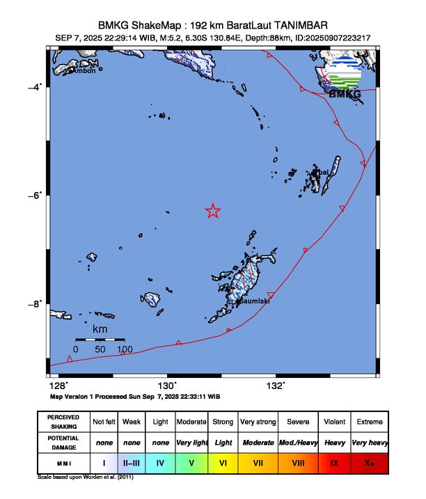 Gempa Magnitudo 5.2, 192km dari Barat Laut Tanimbar