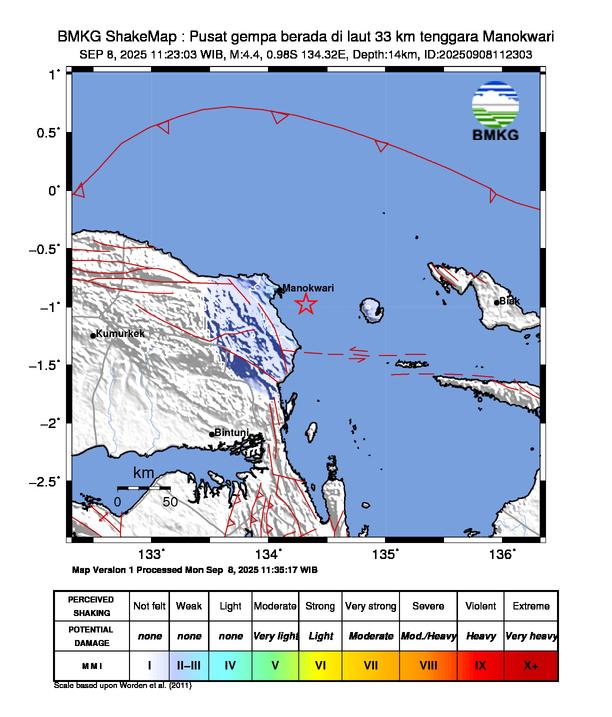 Gempa Magnitudo 4.4, 33km dari Tenggara Manokwari