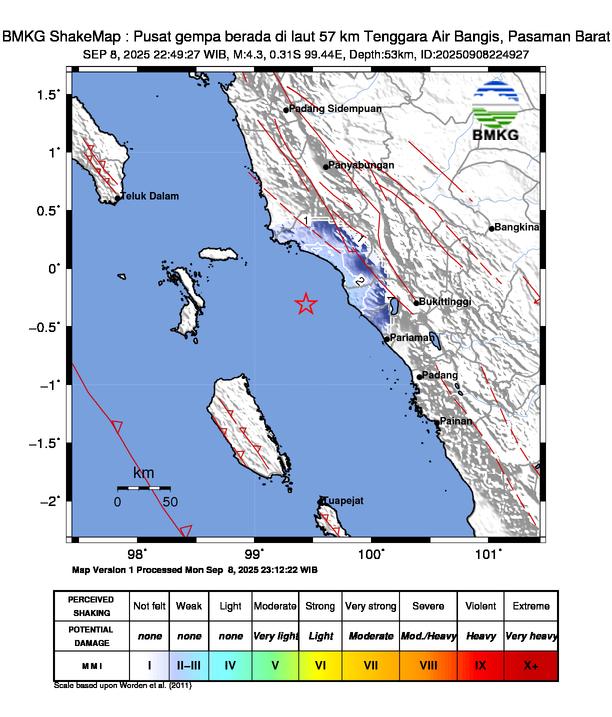 Gempa Magnitudo 4.3, 57km dari Tenggara Air Bangis, Pasaman Barat