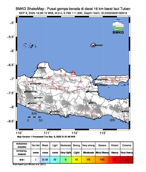 Gempa Magnitudo 2.4, 16km dari Barat Laut Tuban