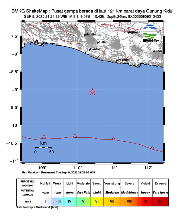 Gempa Magnitudo 3.1, 121km dari Barat Daya Gunung Kidul
