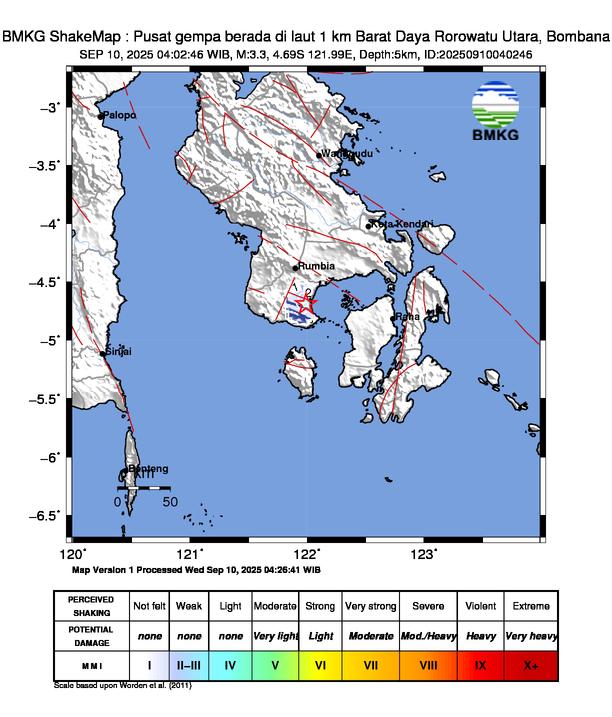 Gempa Magnitudo 3.3, 1km dari Barat Daya Rorowatu Utara, Bombana