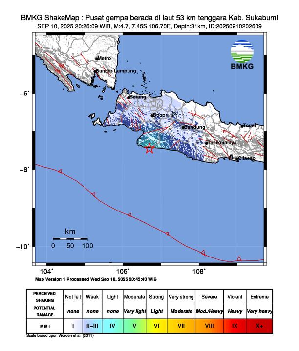 Gempa Magnitudo 4.7, 53km dari dari Tenggara Kab. Sukabumi