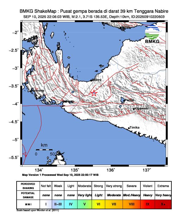 Gempa Magnitudo 2.1, 39km dari Tenggara Nabire