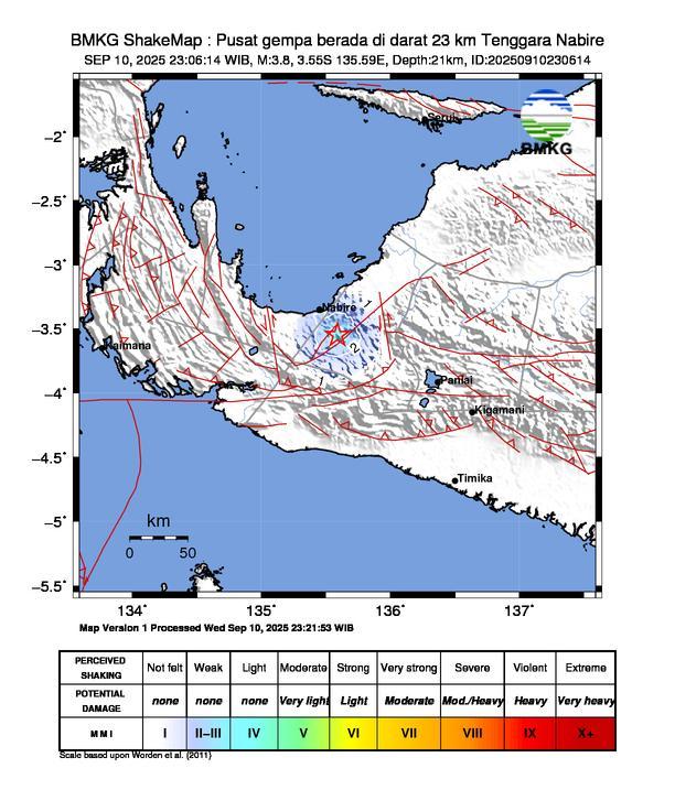 Gempa Magnitudo 3.8, 23km dari Tenggara Nabire