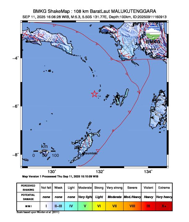 Gempa Magnitudo 5.3, 108km dari Barat Laut Maluku Tenggara