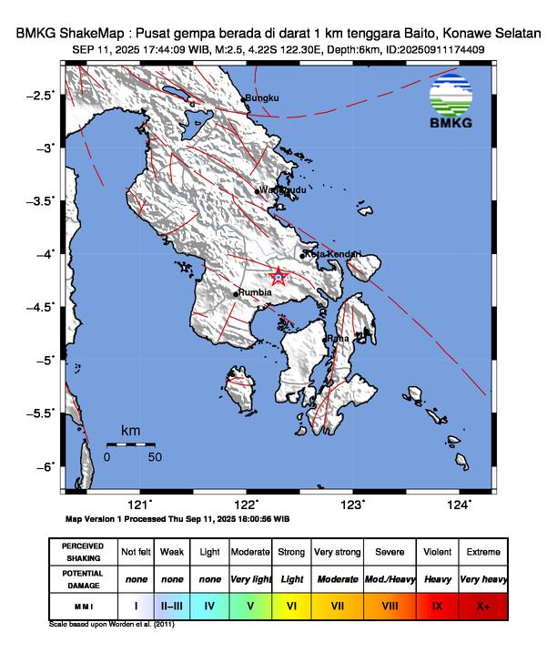 Gempa Magnitudo 2.5, 1km dari Tenggara Baito, Konawe Selatan