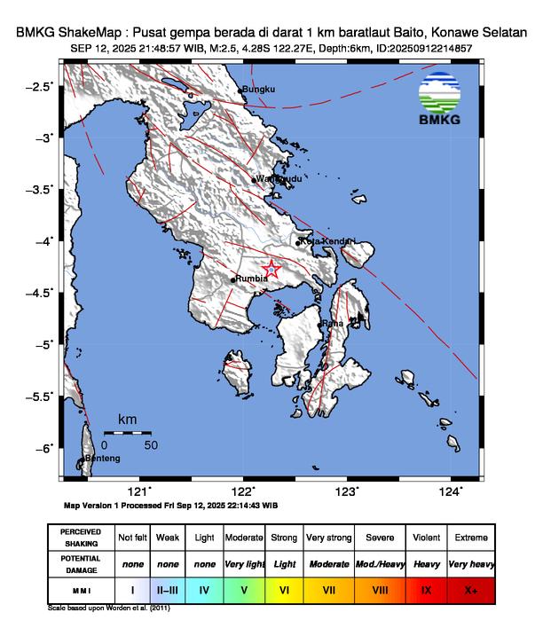 Gempa Magnitudo 2.5, 1km dari Barat Laut Baito, Konawe Selatan
