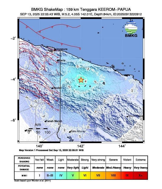 Gempa Magnitudo 5.2, 159km dari Tenggara Keerom Papua