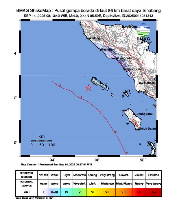 Gempa Magnitudo 4.9, 86km dari Barat Daya Sinabang