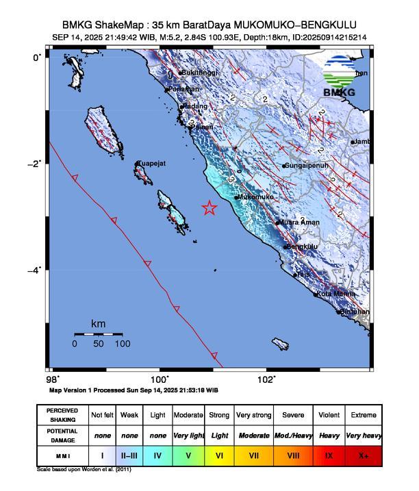 Gempa Magnitudo 5.2, 35km dari BaratDaya MUKOMUKO-BENGKULU
