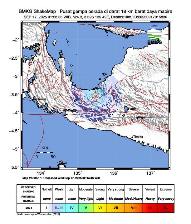 Gempa Magnitudo 4.3, 18km dari Barat Daya Nabire