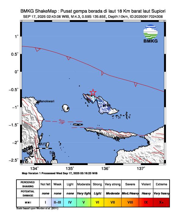 Gempa Magnitudo 4.3, 18 Km barat laut Supiori
