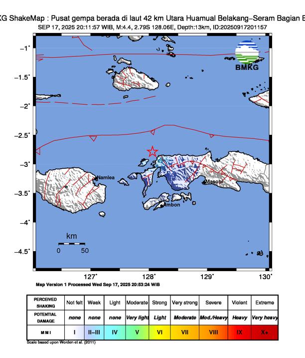 Gempa Magnitudo 4.4, 42km dari Utara Huamual Belakang-Seram Bagian Barat