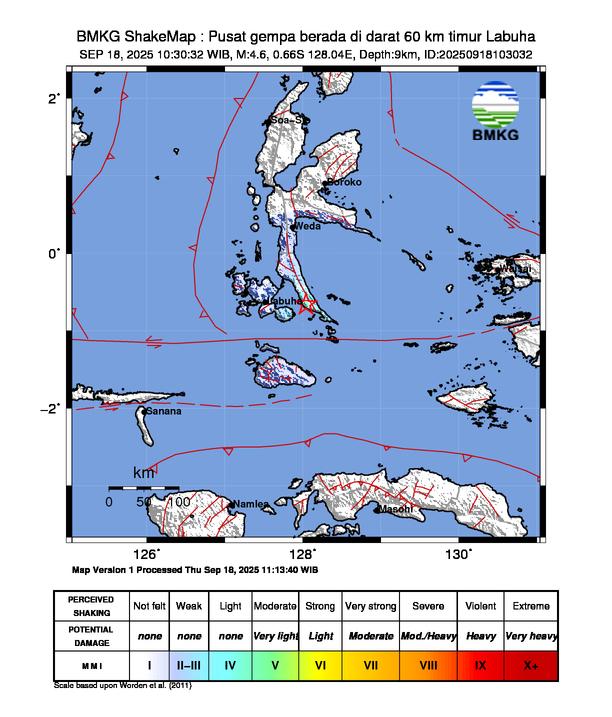 Gempa Magnitudo 4.6, 60km dari dari Timur Labuha