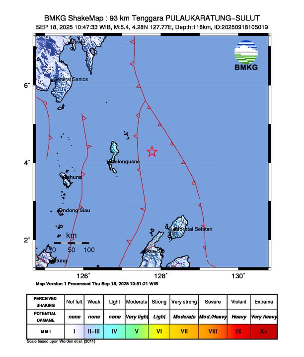 Gempa Magnitudo 5.4, 93km dari Tenggara Pulau Karatung Sulut