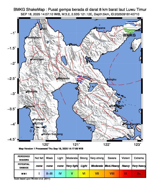 Gempa Magnitudo 3.2, 8km dari Barat Laut Luwu Timur