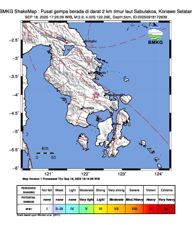 Gempa Magnitudo 2.9, 2km dari Timur Laut Sabulakoa, Konawe Selatan