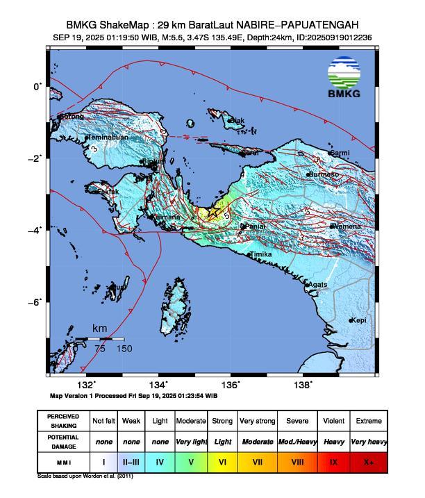 Gempa Magnitudo 6.6, 29km dari Barat Laut Nabire, Papua Tengah